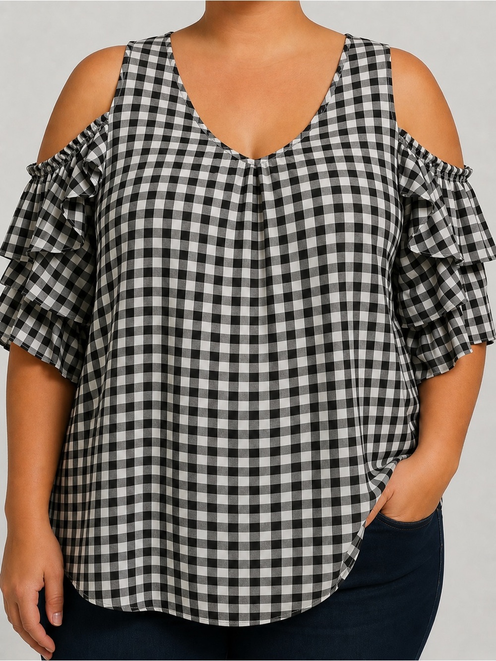 Women’s 18/20W Cold-Shoulder Gingham Blouse